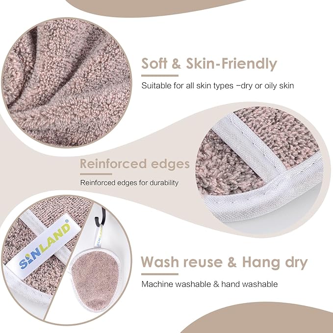 SINLAND Reusable Makeup Remover Pads For Face,Eye,Lips Microfiber Gentle Facial Cleansing Cloths for All Skin Types Friendly for Makeup Remover With Laundry Bag 5.1inchx3.93inch Pack of 6