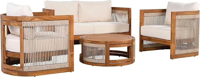 Christopher Knight Home Nesbit 4 Pieces Conversation Set, Acacia Wood Chat Set, Woven Rope Loveseat and Accent Chairs, Slat Panel Coffee Table, Patio Furniture Set for Backyard Balcony Garden, Beige
