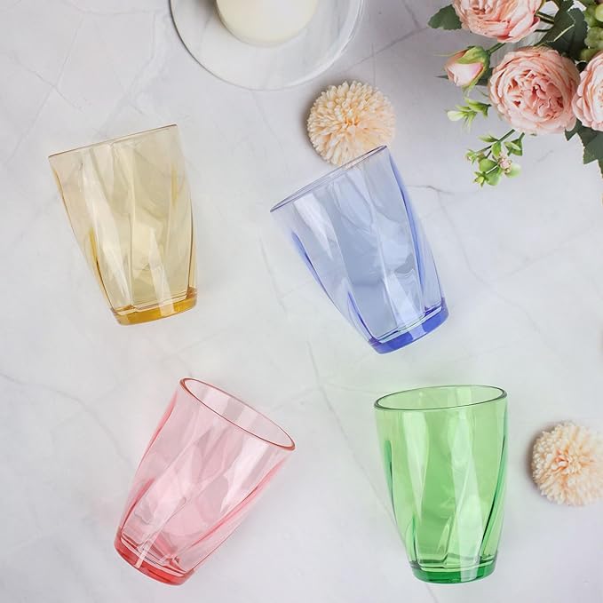 Topsky 12-ounce Plastic Water Tumblers | Set of 4 Colorful Unbreakable Drinking Glasses Clear Acrylic Reusable Juice Wine Cups for Home Picnic Party, Dishwasher Safe,Stackable