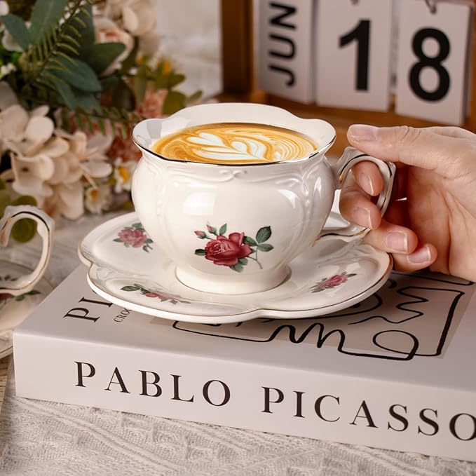KAMMAK Tea Cups and Saucers Set of 2, Porcelain Coffee Cups, 6.8-Ounce Stackable Espresso Mugs, Ceramic Demitasse for Coffee, Latte, Americano, Tea, Baroque Rose