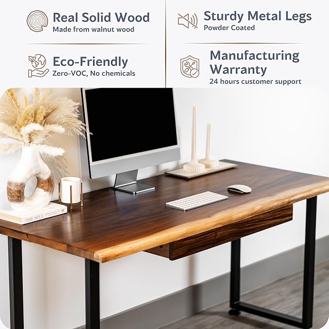 Solid Walnut Wood Computer Desk with Drawer– Live Edge Wooden Home Office Desks with Sturdy Metal Legs – Handmade Real Wood Table for Work, Study, or Gaming - 60” x 27”