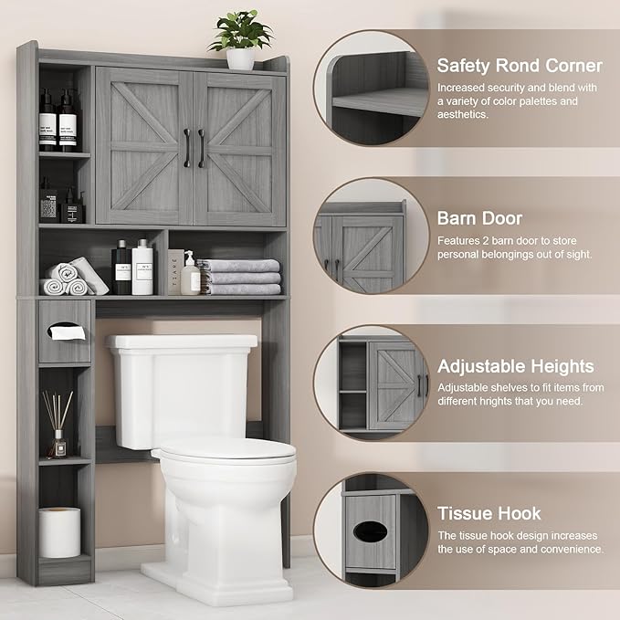 Vabches Over The Toilet Storage Cabinet, Farmhouse Style with 2 Barn Doors, Toilet Paper Holder, Space-Saving for Bathroom & Laundry, Gray