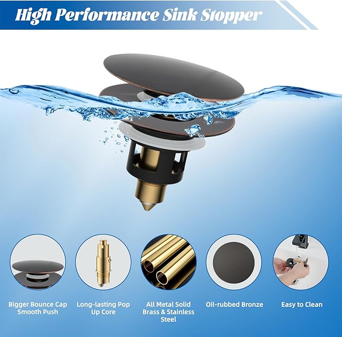 Hibbent All Metal 2 in 1 Bathroom Sink Stopper, Universal Pop Up Drain Strainer, Brass Bullet Core Push Type Stopper for 1.1''~2.3'' Basin, Big Push Button, Anti Clogging Filter, Oil-Rubbed Bronze