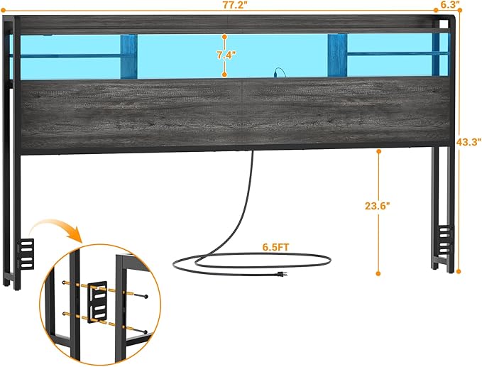 Aheaplus Headboard for King Size Bed with Storage, Headboards with LED Light, Power Outlets, USB Ports King Size Head Board, Wood headboard Only Sturdy and Stable Headboards, Modern, Black Oak