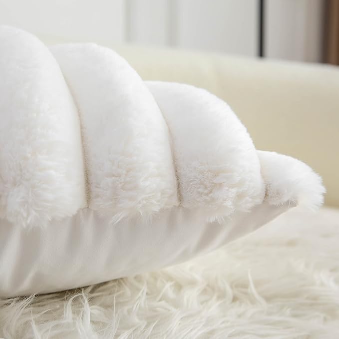 Neelvin Cream White Faux Fur Cozy Soft Striped Decorative Throw Pillow Covers 20x20 inch Set of 2,Velvet Pillowcase Cushion Case for Sofa Couch