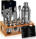 IOV Cocktail Shaker Set Bartender Kit with Stand | Bar Set Drink Mixer Set Includes Martini Shaker, Jigger, Strainer, Mixing Spoon, Muddler, Recipe Book | Home Bar Accessories Gift Set (Black)