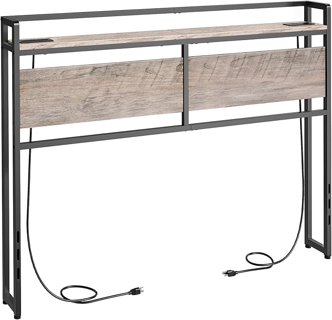 HOOBRO Full Size Headboard, Headboard with 2 Outlets and 4 USB Ports, Adjustable Height, Storage Rack, Sturdy and Stable, Easy Assembly, Greige and Black