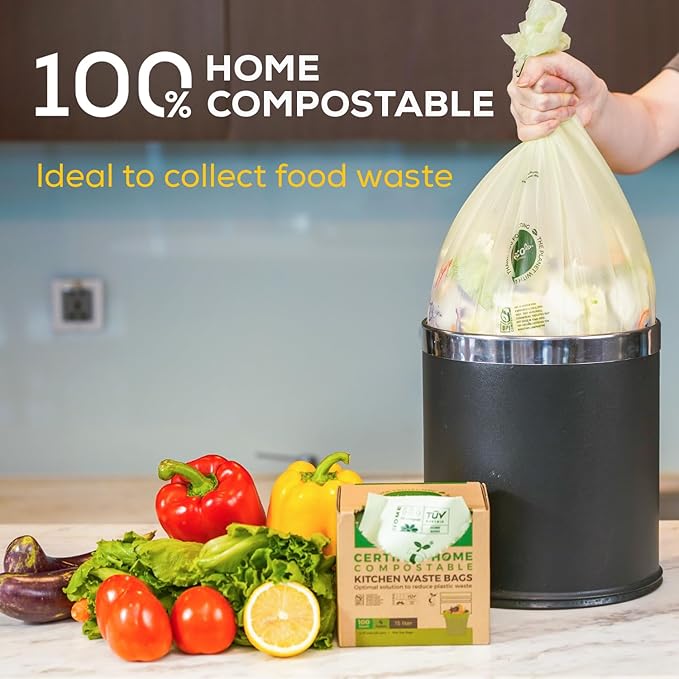 ANECO Compostable Trash Bags 4 Gallon (Flat-Top, 100 Count), Extra Strong for Medium Kitchen Garbage, OK Compost HOME & BPI Certified Compostable