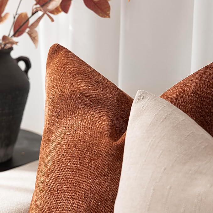 Foindtower Pack of 2 Soft Textured Throw Decorative Pillow Covers Square Accent Solid Cushion Cover Cozy Farmhouse Pillow Case with Zippe for Couch Sofa Bed Living Room 20x20 Inch, Burnt Orange