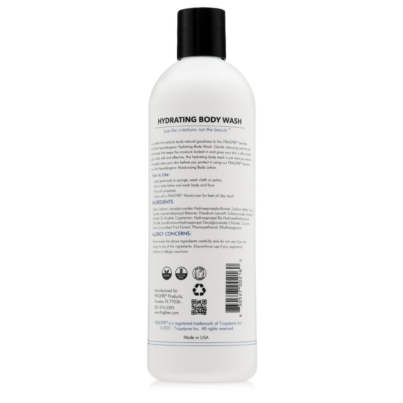 FRAGFRE Sensitive Body Wash 16 oz (2-Pack Gift Set) - Paraben Free Sulfate Free Body Cleanser - Hypoallergenic for Delicate and Flaky Skins - No Added Fragrance - Cucumber for Hydration - Vegan GF/CF