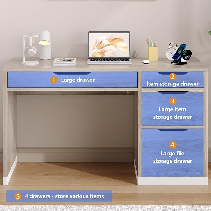 52 Inch Desk with 4 Drawers, Computer Desk with Storage File Cabinet for Bedroom, Small Office Desk with Storage for Small Space, White and Walnut