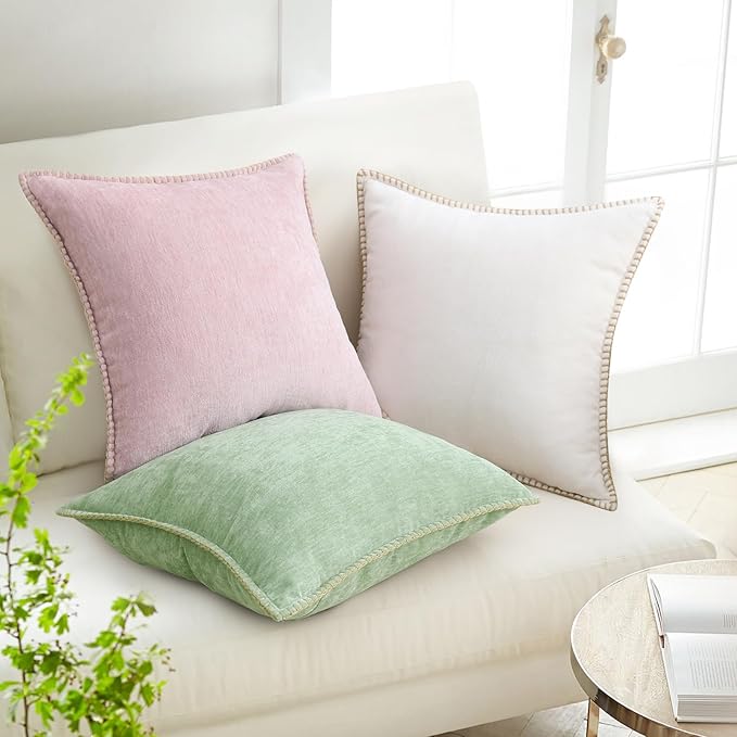 decorUhome Chenille Soft Throw Pillow Covers 26x26 Set of 2, Farmhouse Velvet Neutral Decorative Euro Pillow Covers with Stitched Edge for Couch Sofa Bed Home Decor, Blush Pink