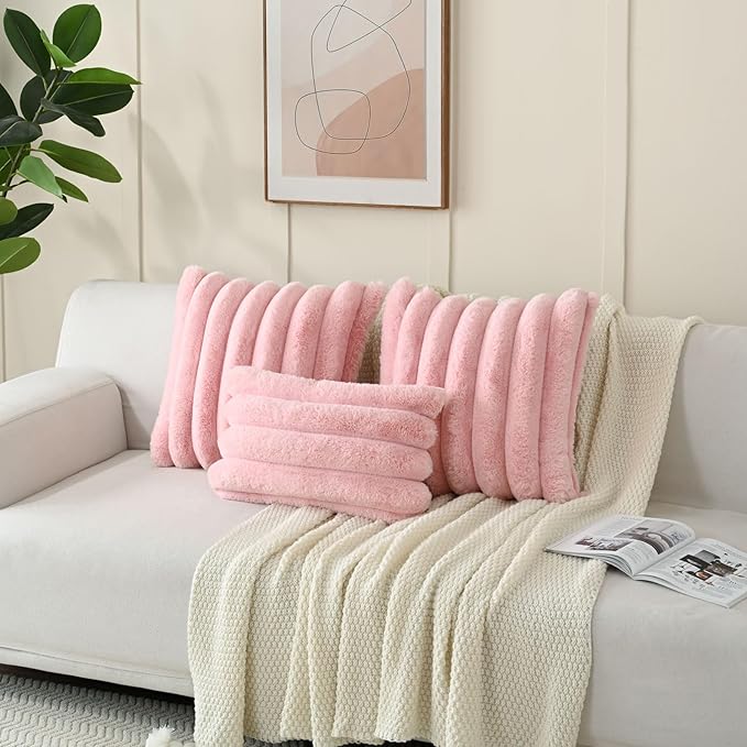 FUTEI Pink Decorative Throw Pillow Covers 22x22 Inch Set of 2, Square Soft Faux Rabbit Fur Thick Striped Cushion Cover,Winter Home Decor for Couch Bed Living Room