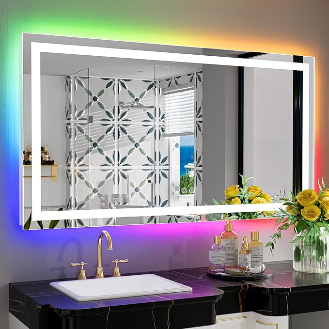 55x30 Inch RGB LED Bathroom Mirror Front Light and RGB Backlit Lighted Vanity Mirror for Bathroom Wall Mounted Dimmable Anti Fog Memory Shatter-Proof IP54 Waterproof Horizontal/Vertical
