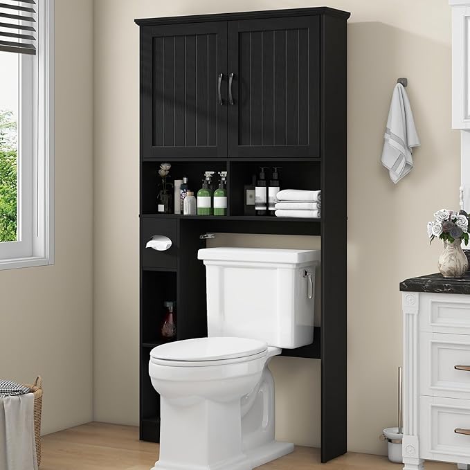 Over The Toilet Storage Cabinet, Farmhouse Storage Cabinet Over Toilet with Barn Door& Toilet Paper Holder Stand，Home Space-Saving Toilet Rack, for Bathroom, Restroom, Laundry.Pure Black