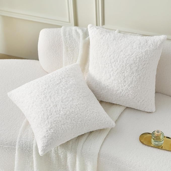 FUTEI Cream White Throw Pillow Covers 18x18 Inch Set of 2,Furry Faux Fur Teddy Boucle Textured Cushion Covers,Soft Fluffy Decorative Pillow Case,Home Decor for Couch Bed Living Room Office Car