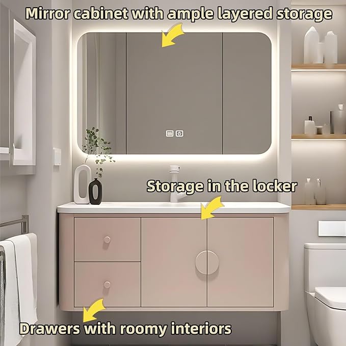 56IN Pink Modern Bathroom Vanity - Bathroom Vanities Set with 2 Drawers Wall Mounted | Rounded Corner Smart Defogging Mirror Cabinet with Lighting & Time Display, Side Opening Storage Shelf (Style A)