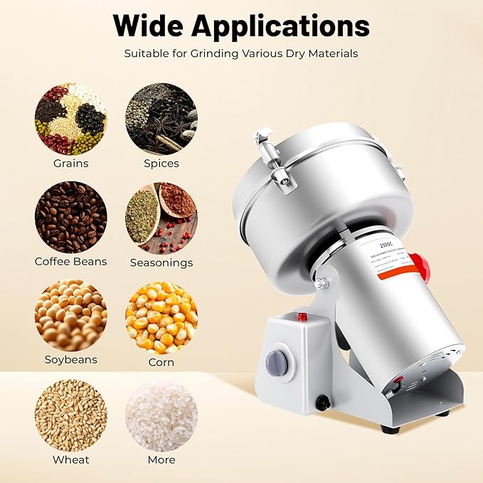 2500g Electric Grain Mill Grinder 4500W, High-Speed Commercial Spice Grinder 32000 RPM 304 Stainless Steel, 50-300 Mesh Adjustable for Grains, Herbs, Spices, and More