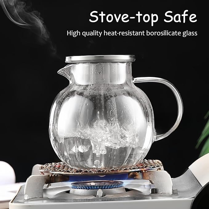 Glass Teapot Stovetop & Microwave Safe, Borosilicate Glass Tea Kettle with Strainer Lid, 44oz/1300ml Glass Teapot for Loose Leaf and Fruit Tea and Fragrant Tea and Blooming Tea (Clear)