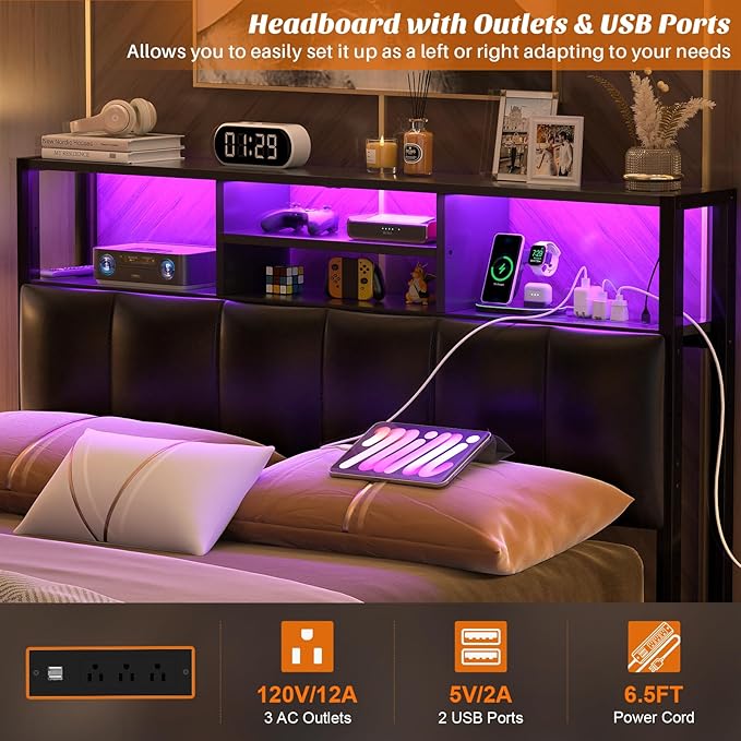 Aheaplus Headboard for Full Size Bed with Storage, Upholstered Headboards with Outlets, USB Ports and LED Light, Reversible Full Size Head Board, Height Adjustable, Comfortable Headboard, Black