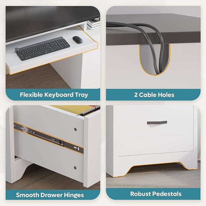 Bestier 59” Computer Desk with 4 Drawers, Office Desk with Storage, Modern Executive Desk with Charging Station, Keyboard Tray & Wooden Pedestals on Both Sides for Home Office & Studio, White