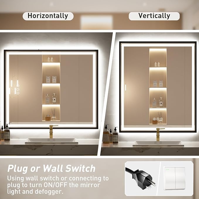 30X36 Inch Black Frame Led Mirror,Backlit and Front Bathroom Mirror with Lights,Wall Mounted Double LED Lighted Anti-Fog Mirror,Stepless 3 Colors Temperature & Dimmable (Horizontal/Vertical)