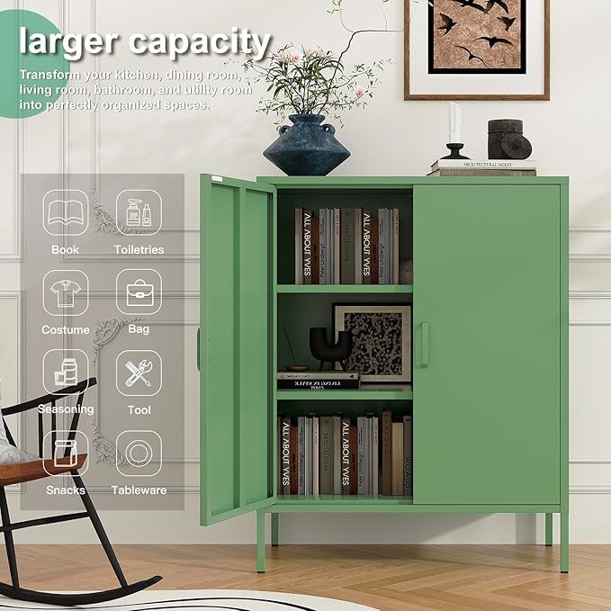 Green Metal Cabinet，Bathroom Floor Storage Cabinet,40"H Small Cabinets With Doors,2 Door Metal Towel Freestanding Cabinet For Small Spaces,Two Door Hallway Short Cupboard,Low Cabinet For Living Room