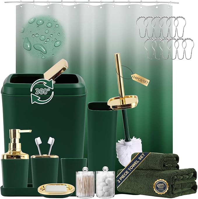 Dark Green Bathroom Accessories, 24 Pieces Green and Gold Bathroom Accessories Set with Shower Curtain, Bath Towels, Trash Can, Soap Dispenser and Soap Dish for Bathroom/Housewarming
