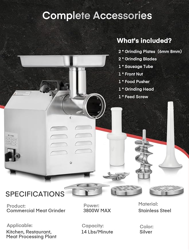 #12 Commercial Meat Grinder, 840 LB/H,1.2HP, Heavy Duty Industrial Meat Grinder, Sausage Stuffing Machine with 2 Stainless Steel Blade, 2 Grinding Plates, Sausage Kit (#12-840LB/H)