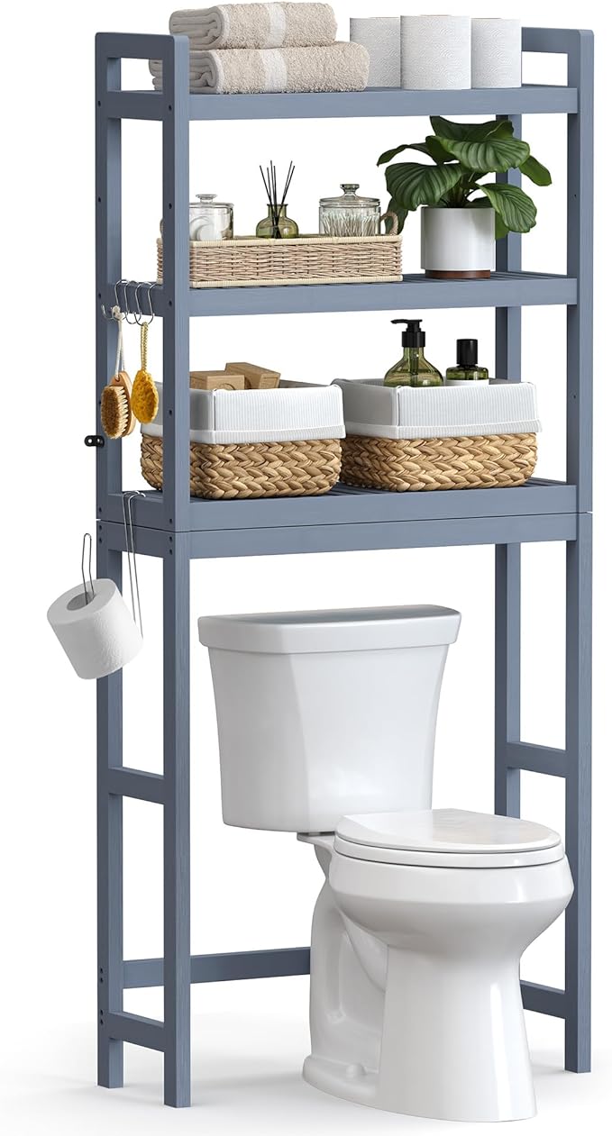 SONGMICS Over The Toilet Storage, 3-Tier Over Toilet Bathroom Organizer with Adjustable Shelf, 10.2 x 24.8 x 66.9 Inches, Space-Saving, Gray UBTS001G01
