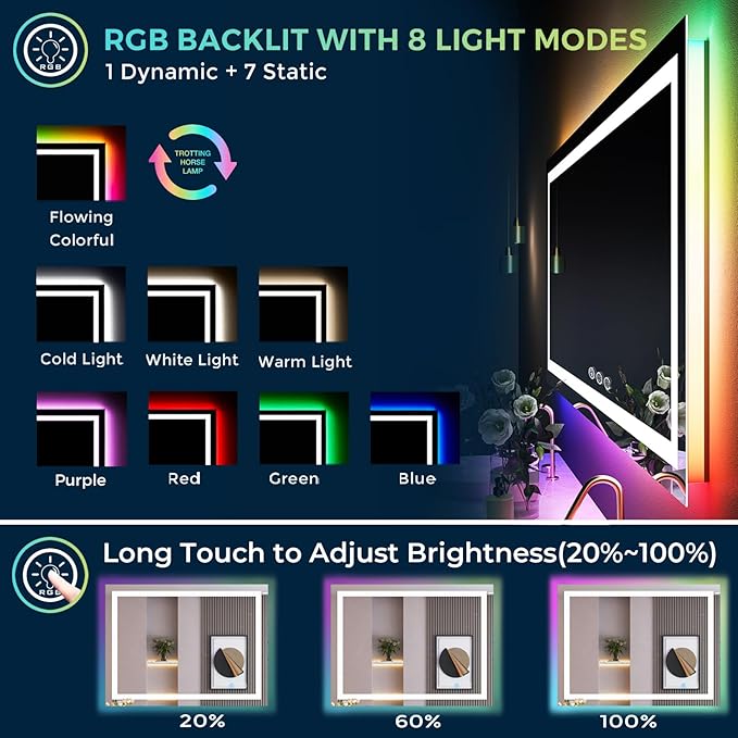 44x30 Inch RGB LED Bathroom Mirror Front Light and RGB Backlit Lighted Vanity Mirror for Bathroom Wall Mounted Dimmable Anti Fog Memory Shatter-Proof IP54 Waterproof Horizontal/Vertical