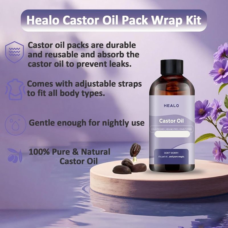 Healo, Castor Oil Pack Wrap, Castor Oil Pack Wrap Kit - 3.38 Oz with Reusable Wraps - For Stomach, Neck and Entire Body with Adjustable Elastic Straps (Pink Velcro type, 100ML)
