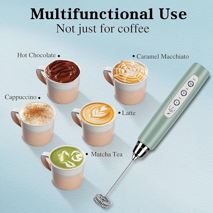 Milk Frother Handheld for Coffee, Electric Whisk 3 Speed Adjustable, Drink Mixer with Stainless 3 Whisks, Rechargeable Hand Frother Wand, Foam Maker for Latte Cappuccino Hot Chocolate Egg Green