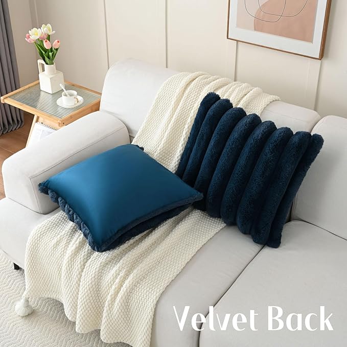 FUTEI Navy Blue Decorative Throw Pillow Covers 22x22 Inch Set of 2, Square Soft Faux Rabbit Fur Thick Striped Cushion Cover,Winter Home Decor for Couch Bed Living Room
