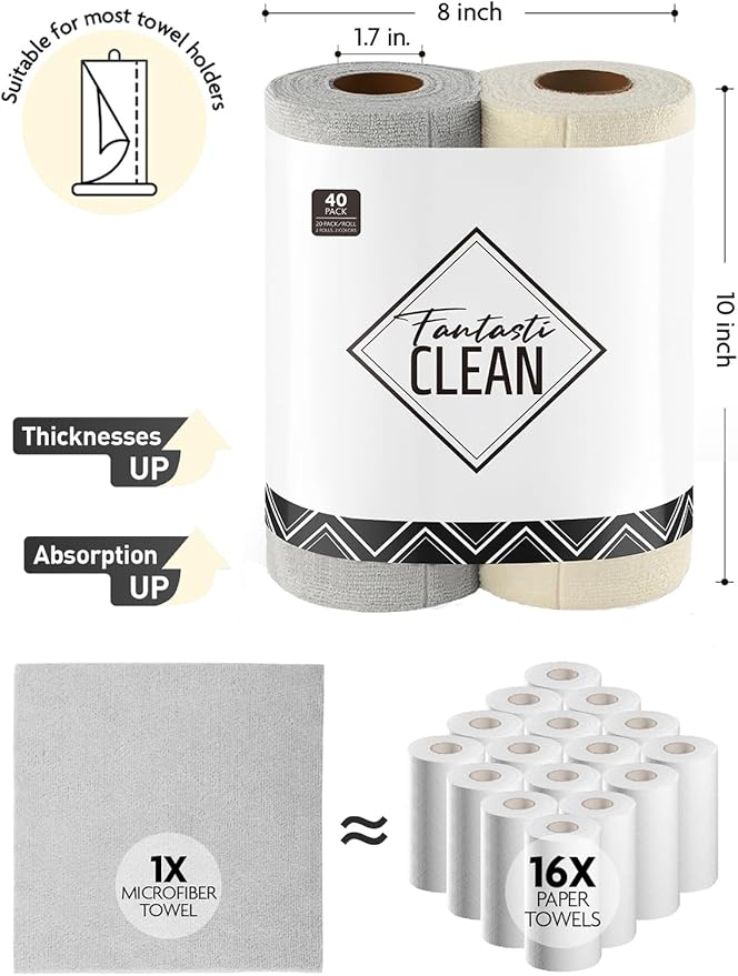 Fantasticlean Tear-Away Dish Cloth - 40 Sheets - 10'' by 10'', Reusable Washable Kitchen Towel Rolls, Super Absorbent and Thick Microfiber Cleaning Cloths (2 Rolls of Beige,Grayish)
