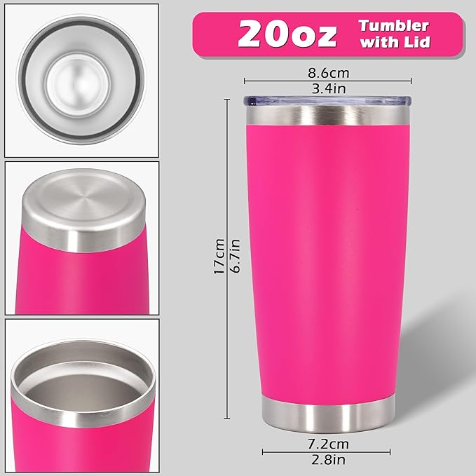 20oz Tumbler Bulk Stainless Steel Tumblers with Lid Vacuum Insulated Double Wall Travel Coffee Mug Powder Coated Tumbler Cup for Hot and Cold Drinks(Hot Pink, 1 pack)