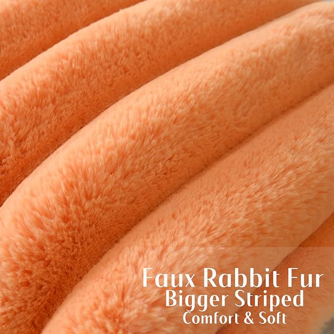 FUTEI Orange Decorative Throw Pillow Covers 24x24 Inch Set of 2, Square Soft Faux Rabbit Fur Thick Striped European Cushion Covers,Winter Home Decor for Couch Bed Living Room