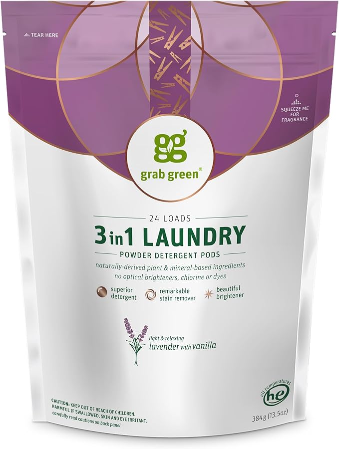 Grab Green 3-in-1 Laundry Detergent Pods, 24 Count, Lavender Vanilla Scent, Plant and Mineral Based, Superior Cleaning Power, Stain Remover, Brightens Clothes