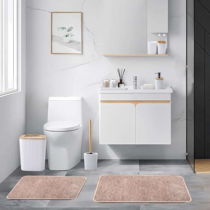 24Pcs White and Gold Bathroom Set with Shower Curtain and Rug, White Bathroom Sets Complete with Trash Can,Soap Dispenser,Soap Dish,Toilet Brush,Toothbrush Holder and Cup,Tray,Q-Tip Holders