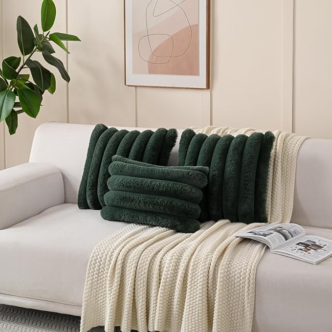 FUTEI Christmas Dark Green Decorative Throw Pillow Covers 26x26 Inch Set of 2, Square Soft Faux Rabbit Fur Thick Striped Euro Pillow Shams,Winter Home Decor for Couch Bed Living Room