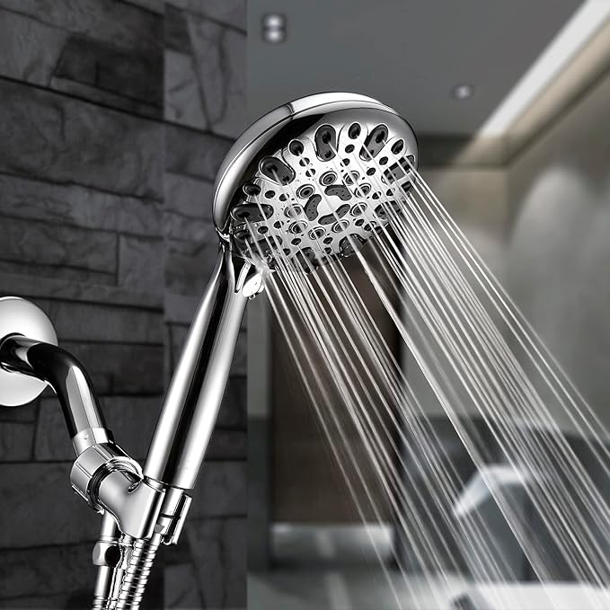 Handheld Shower Head, 6 Spray Setting High Pressure Shower Head with Brass Swivel Ball Bracket and Extra Long Stainless Steel Hose, Chrome, 5"