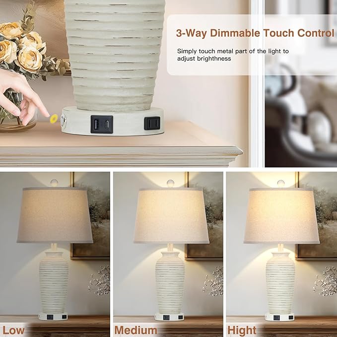 25" Retro White Farmhouse Jar Table Lamps Set of 2, 3 Way Touch Control Rustic Bedside Lamps with USB A+C Ports & AC Outlet, Pot Nightstand Lamps for Bedroom Living Room (LED Bulbs Included)
