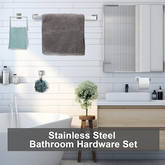 Gisafai 10 Pcs Bathroom Hardware Accessories Set 23.6 Inch Bath Towel Bar Kit Stainless Steel Bathroom Hardware Set Towel Racks Ring Hooks Paper Holder for Wall Mounted (Silver)