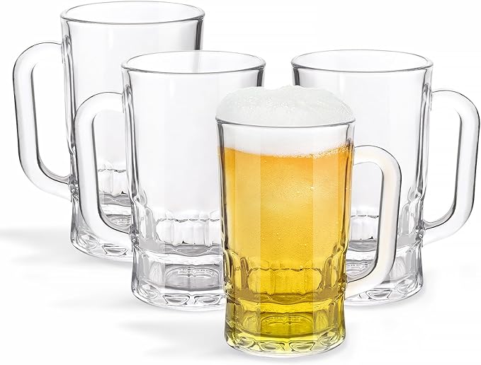 Beer Mugs Set, 11.5oz Glass Mugs With Handle, Beer Glasses For Freezer, 340ml Beer Drinking Glasses, Traditional Stein For Bar, Beverages,Coffee, Teas, Set of 4
