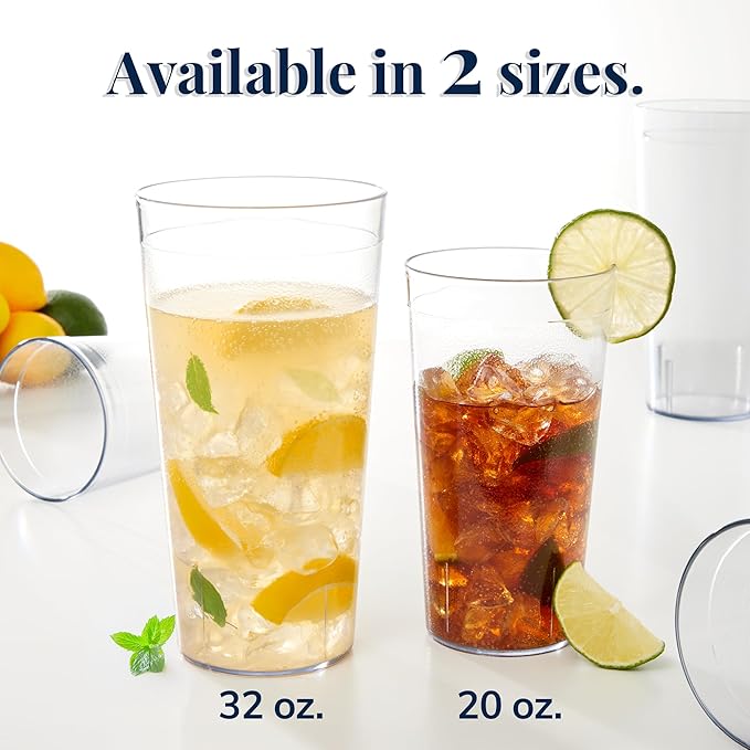 US Acrylic Cafe Plastic Reusable Tumblers (Set of 16) 20-ounce Water Cups in Clear | Value Set of Restaurant Style Drinking Glasses, Stackable, BPA-free, Made in the USA | Top-rack Dishwasher Safe