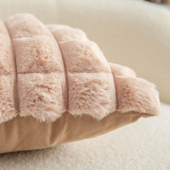 Neelvin Camel Faux Fur Cozy Soft Plaid Decorative Throw Pillow Covers 12x20 inch Set of 2,Velvet Pillowcase Cushion Case for Sofa Couch