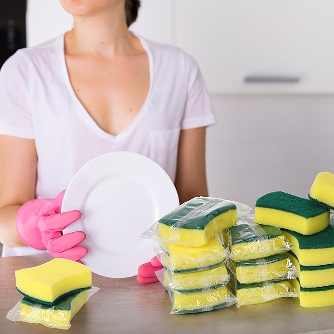 100 Pcs Individually Wrapped Sponges,Uncompressed Non Scratch Scrouing Sponges for Household Cleaning Dishes Kitchen Airbnb Apartment Car Bike