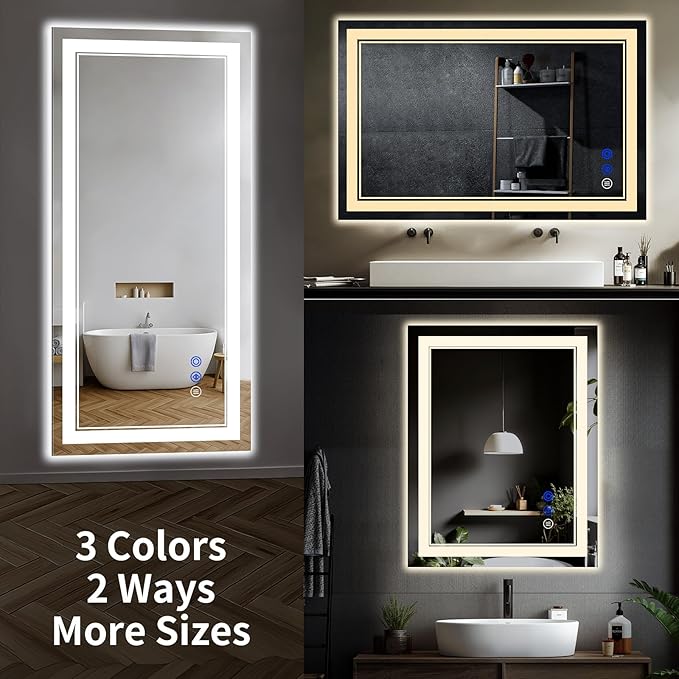 60"x30" LED Bathroom Mirror with Anti-Fog, Stepless Dimmable Lights, 3 Color Modes, Shatter-Proof Tempered Glass, Memory Function & Waterproof Design