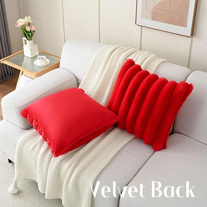 FUTEI Christmas Red Decorative Throw Pillow Covers 24x24 Inch Set of 2, Square Soft Faux Rabbit Fur Thick Striped European Cushion Covers,Winter Home Decor for Couch Bed Living Room