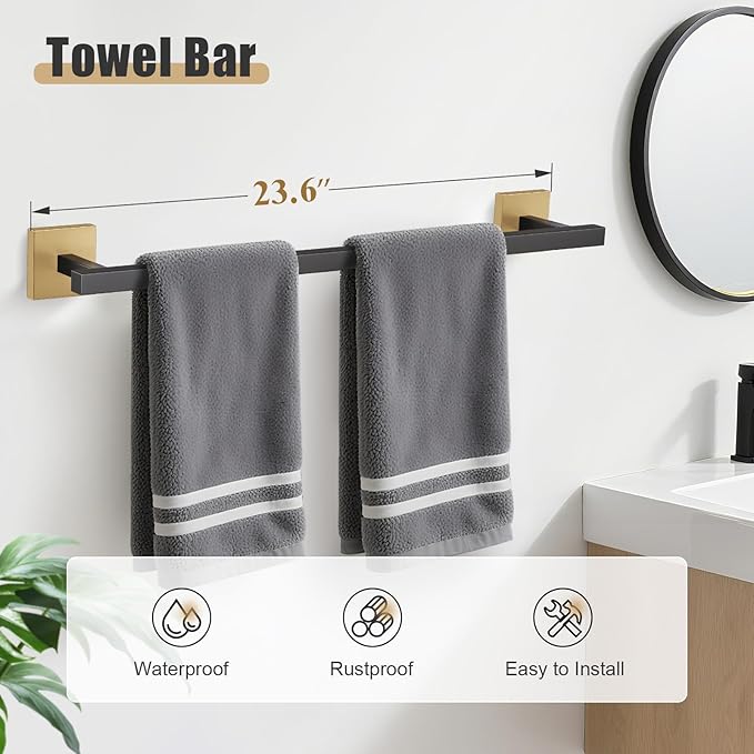 YACVCL 5-Pieces Black and Gold Bathroom Hardware Accessories Set Stainless Steel Bathroom Towel Bar Set Towel Holder Set for Bathroom,Upgraded Toilet Paper Holder with Shelf,Wall Mounted 23.6"